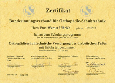 Bild Herr Werner Ulbrich nimmt am Seminar für orthopädieschuhtechnische Versorgung des diabetischen Fußes erfolgreich teil. 